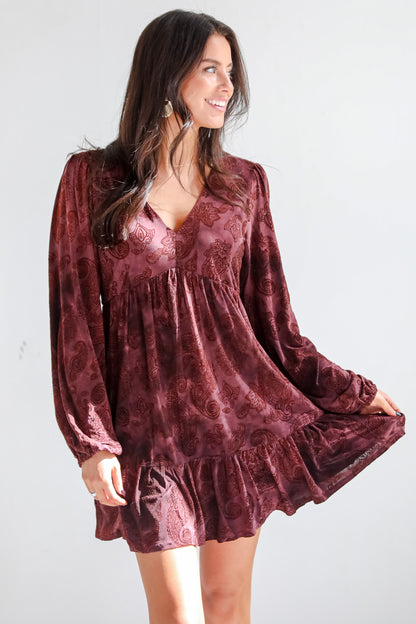 Signature Charm Wine Velvet Paisley Mini Dress