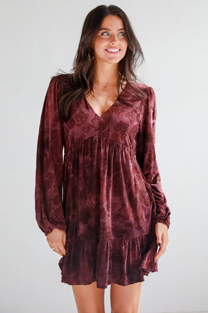 Signature Charm Wine Velvet Paisley Mini Dress