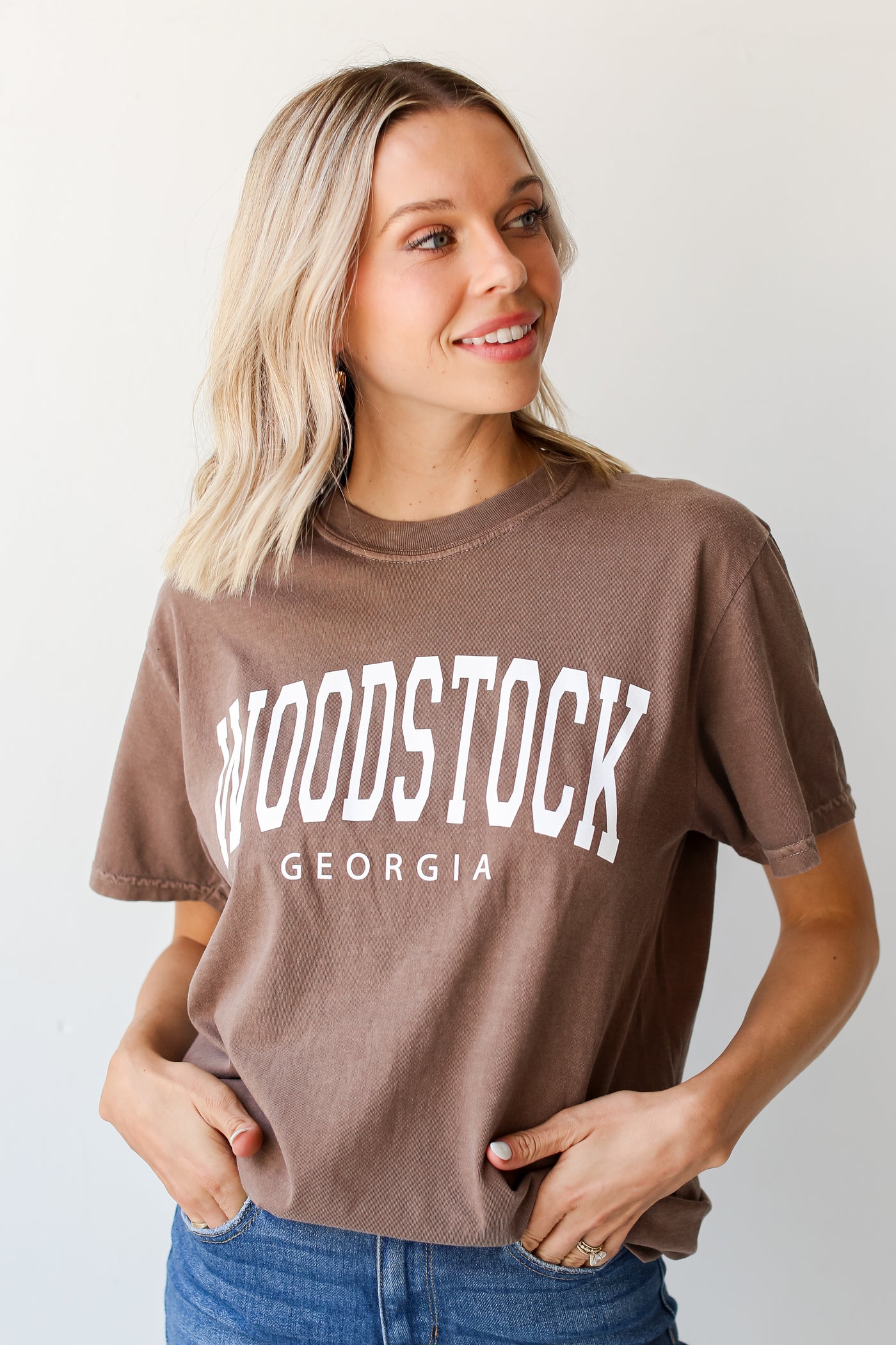 Brown Woodstock Georgia Tee tucked in