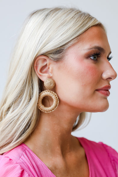 natural Straw Statement Earrings on dress up model