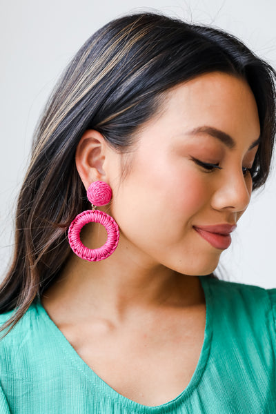 pink Straw Statement Earrings on model