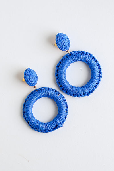 blue Straw Statement Earrings flat lay
