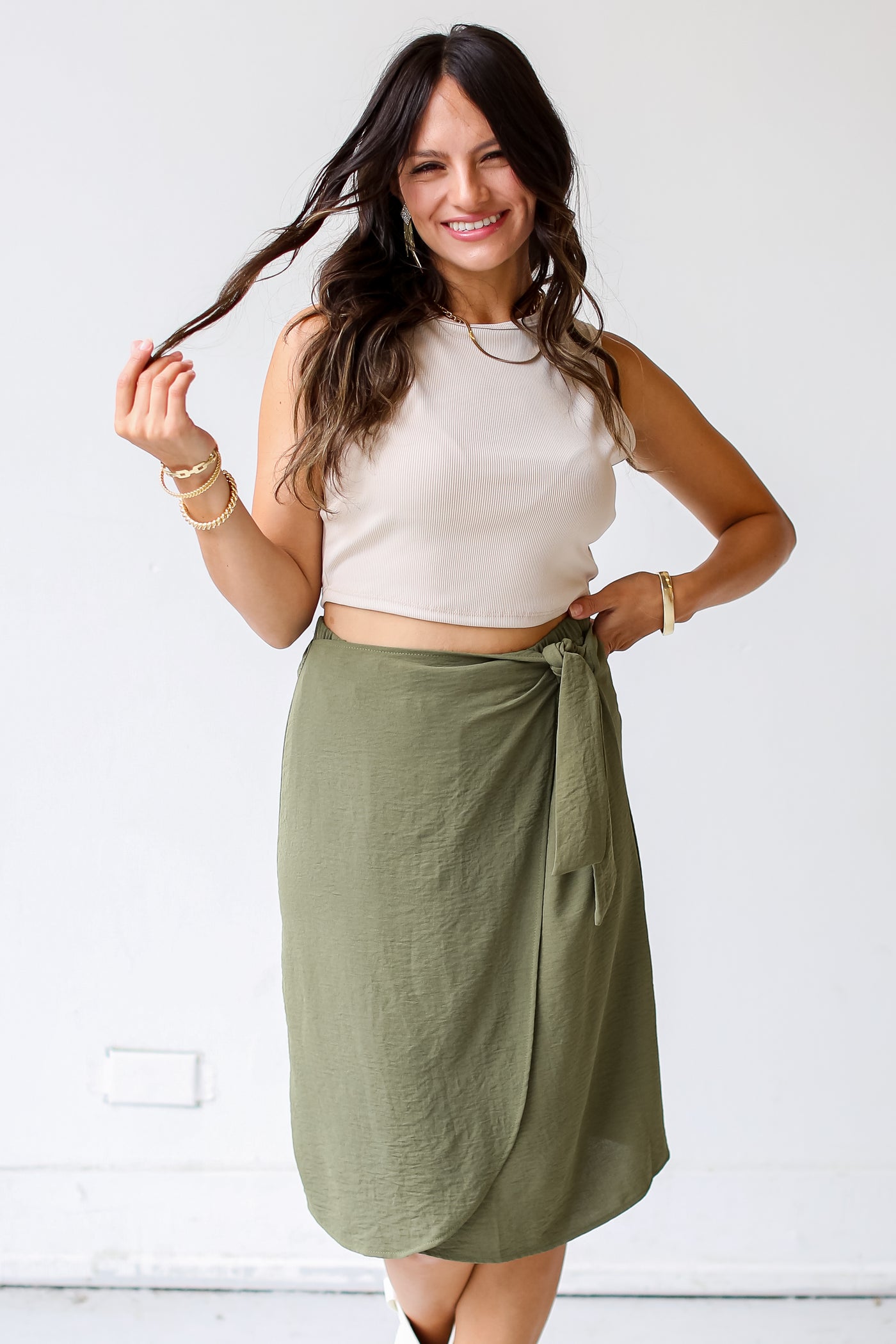 olive Wrap Midi Skirt front view