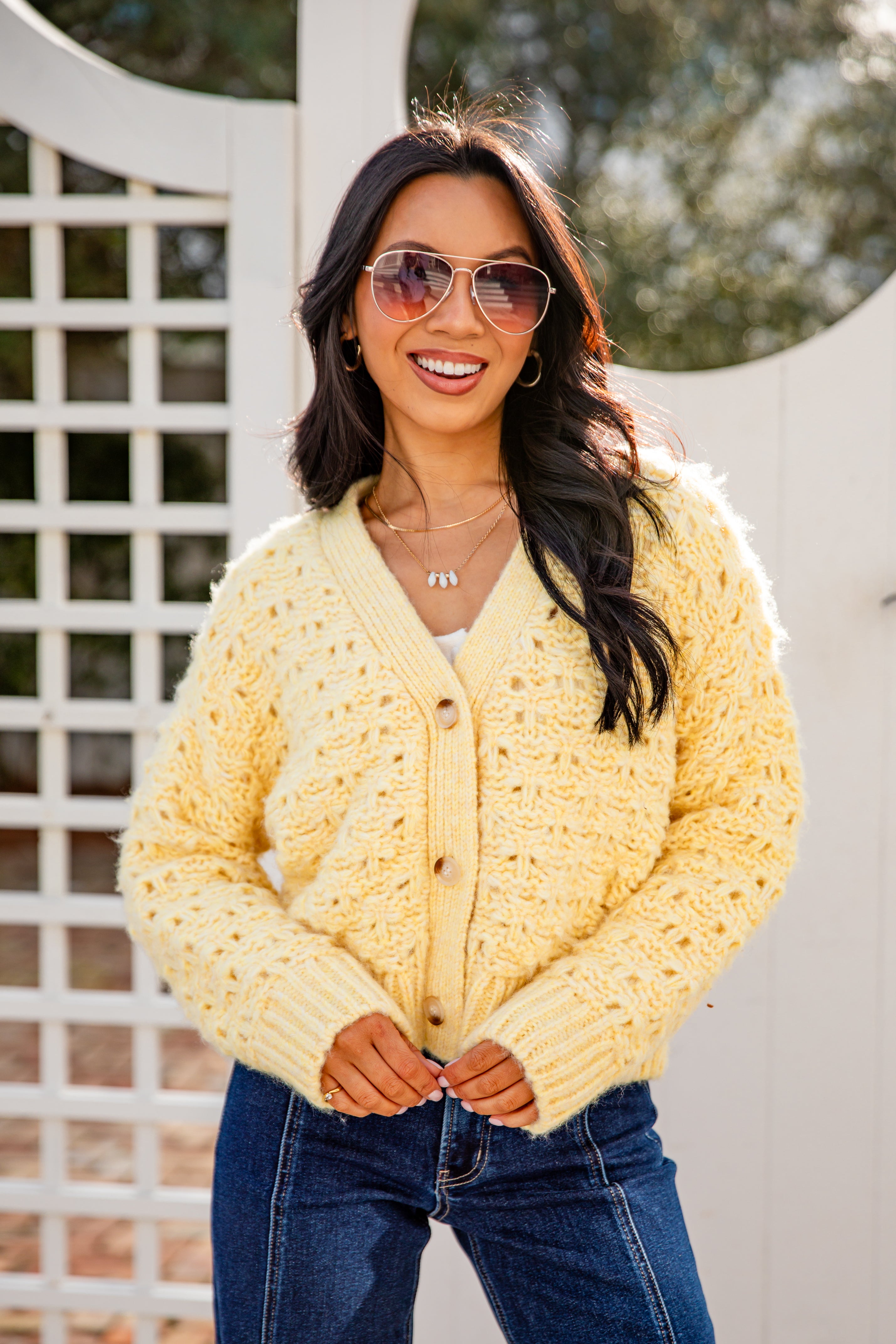 Honeyed Heart Chunky Yellow Knit Cardigan | Trendy Women Top