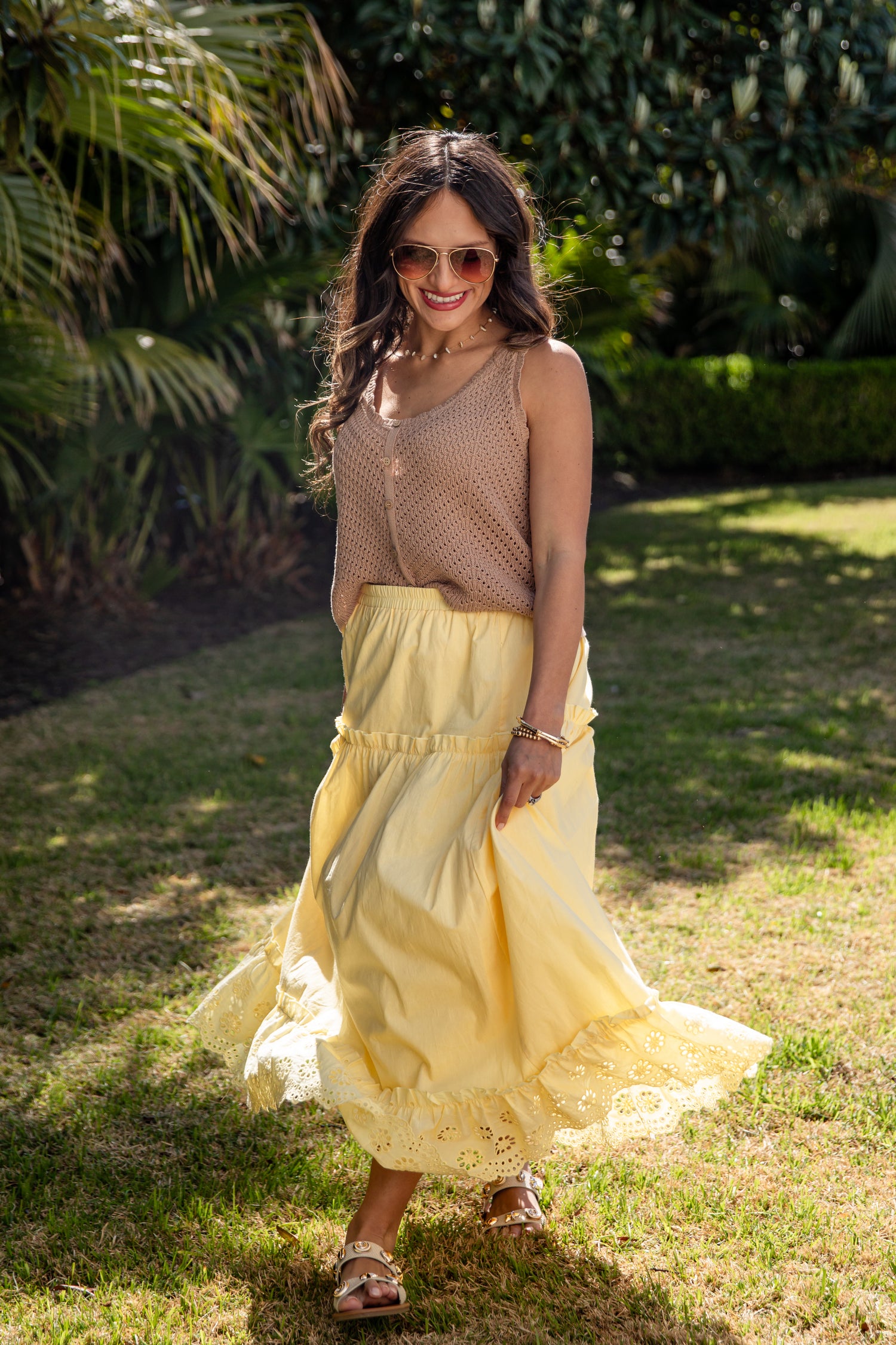 Yellow lace-trim maxi skirt close-up