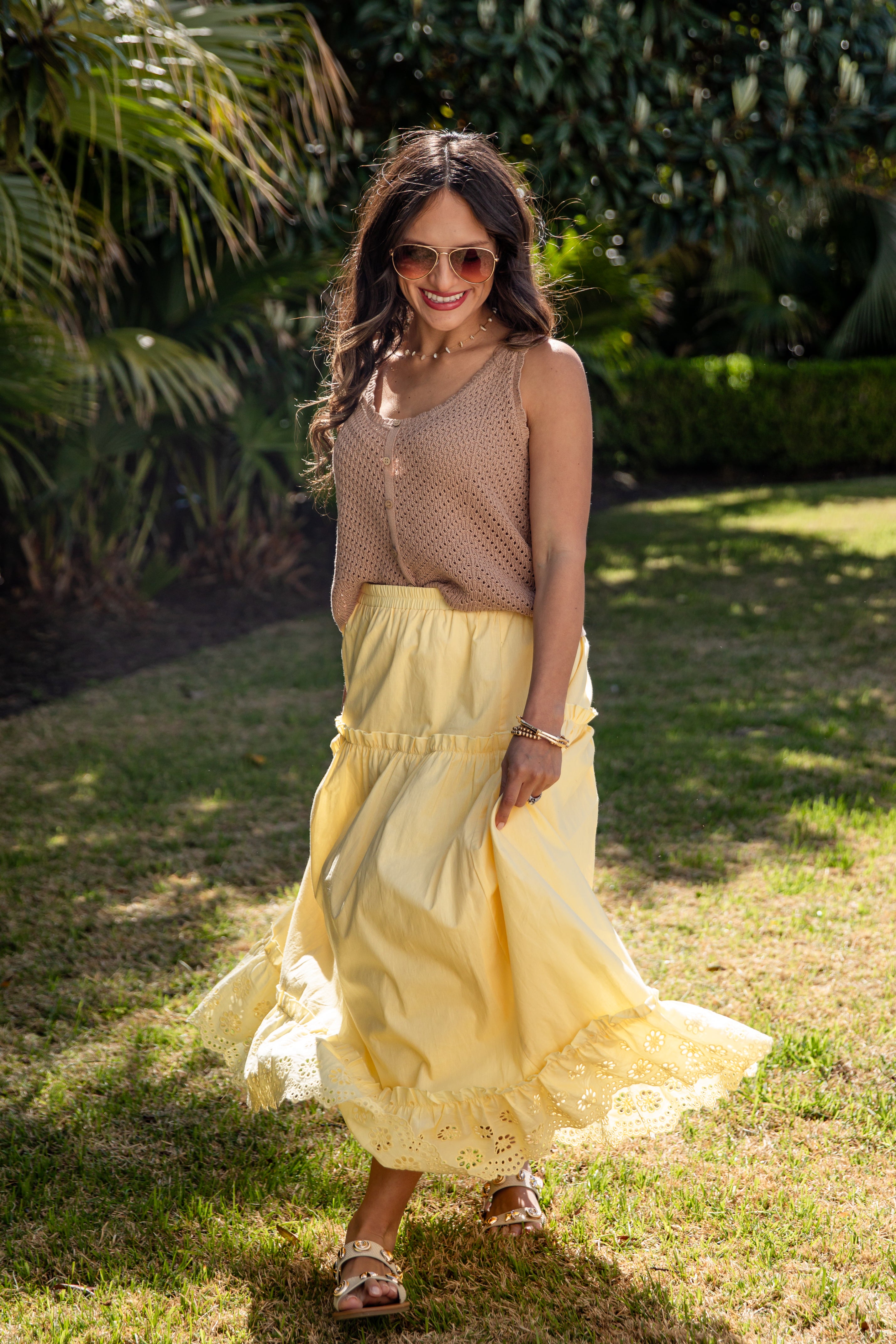 Yellow lace-trim maxi skirt close-up