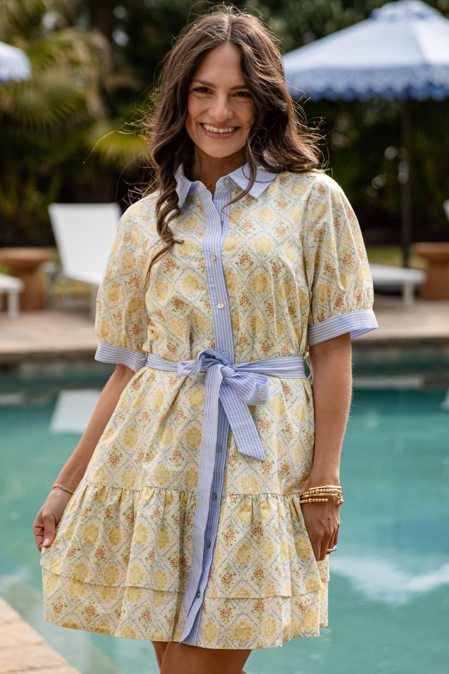 Floral Button Front Yellow Mini Dress | Trendy Women's Dress