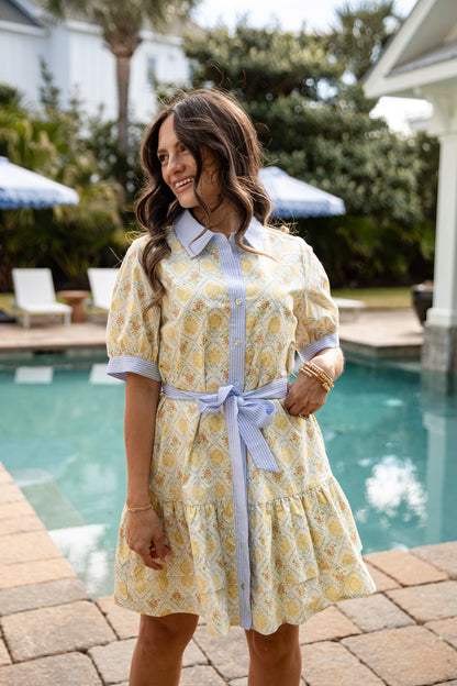 Floral Button Front Yellow Mini Dress | Trendy Women's Dress