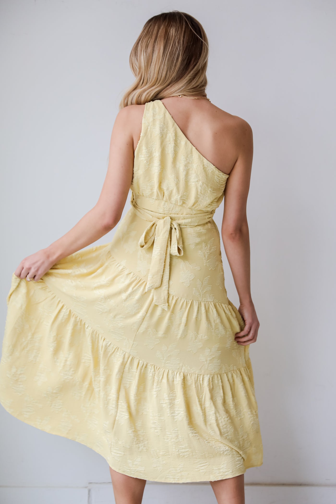 Sunshine Daydream Yellow One-Shoulder Tiered Midi Dress