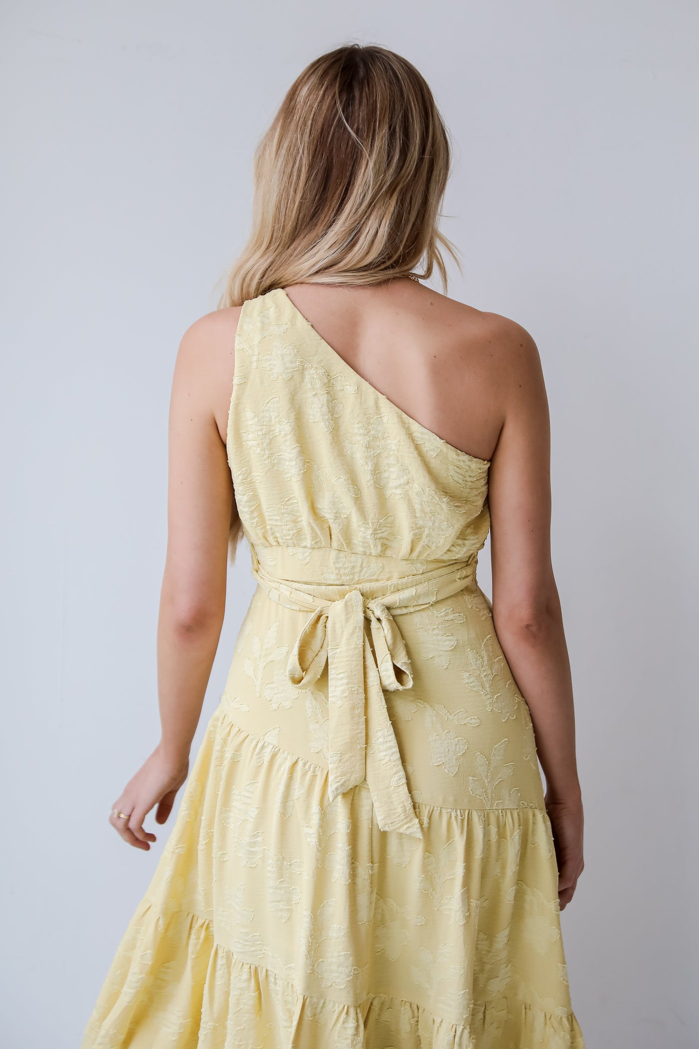 flowy Yellow One-Shoulder Tiered Midi Dress