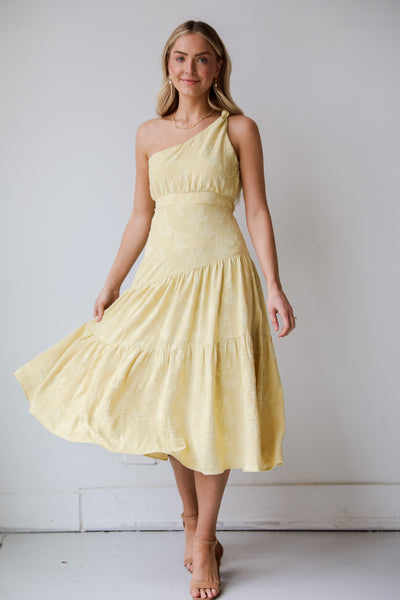 Yellow One-Shoulder Tiered Midi Dress. Easter Dress. Easter dresses. Yellow easter Dress