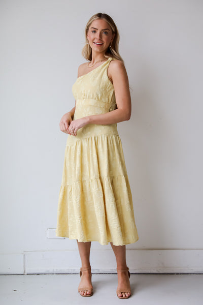 flowy tiered dress Sunshine Daydream Yellow One-Shoulder Tiered Midi Dress