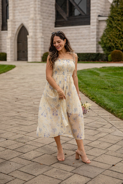 spring floral midi dress Women's Phenomenal Fashion Drop Waist Floral Midi Dress in Apricot