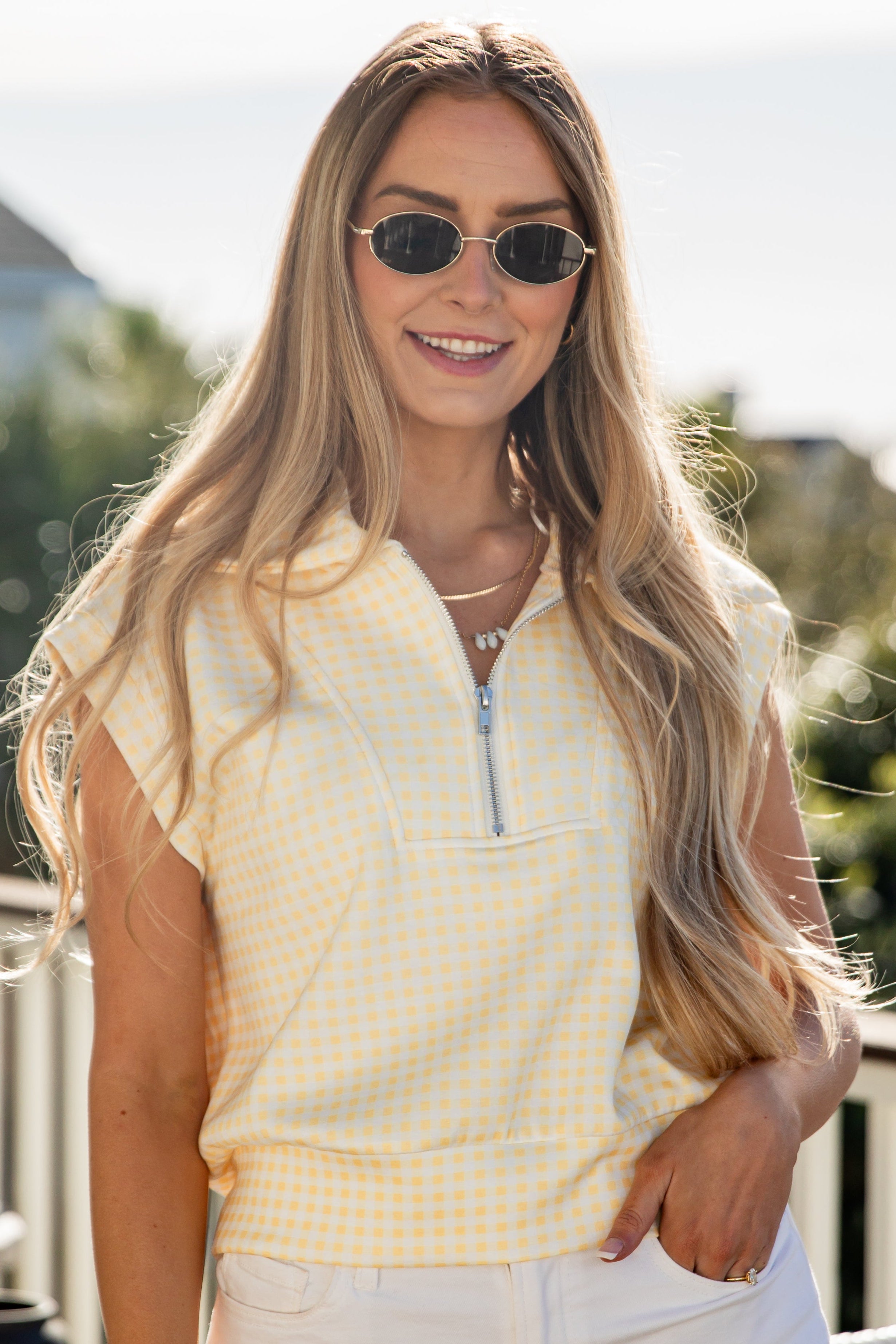 Pretty In Gingham Collared Zip Tank | Trendy Women's Tops