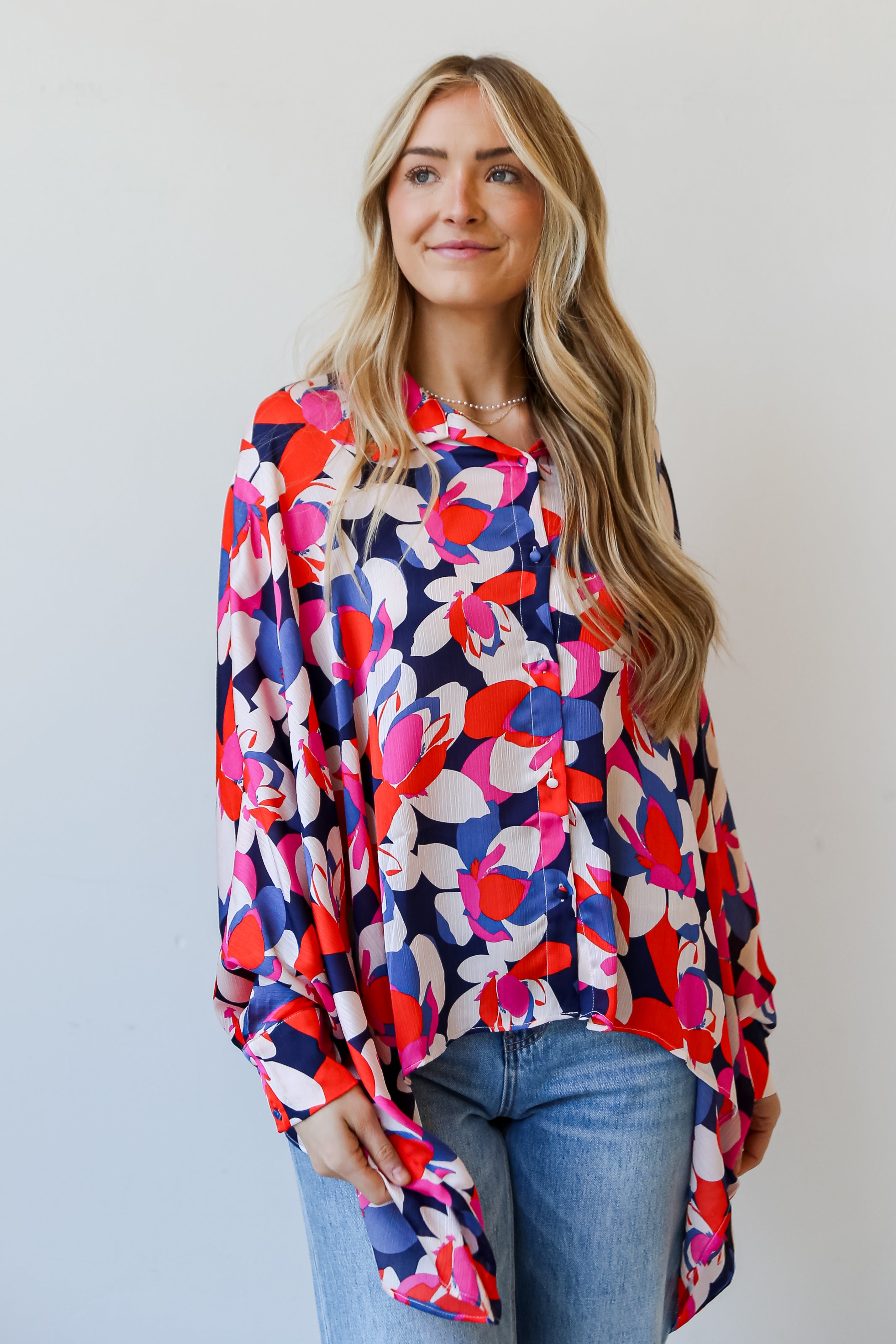 Navy Floral Oversized Blouse on model