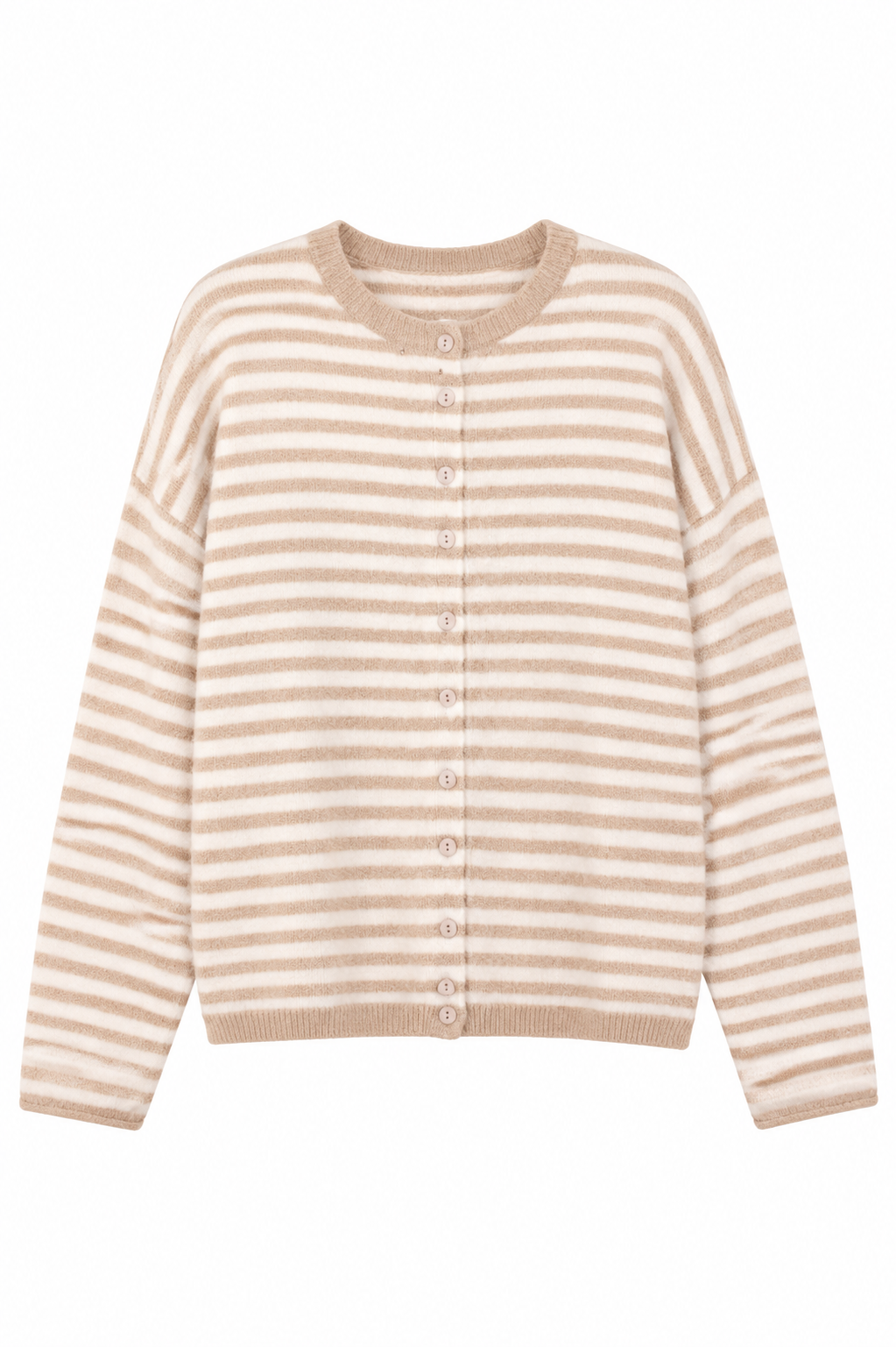 A beige and cream striped button-up cardigan sweater with a crew neck and ribbed cuffs and hem, shown against a plain white background.