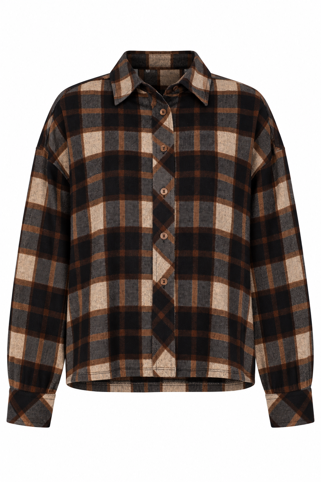A long-sleeve button-up plaid shirt in brown, beige, and black, shown against a plain white background.