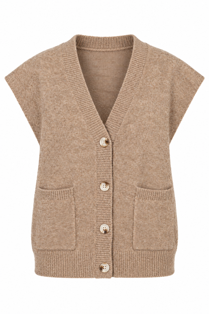 A beige knit cardigan vest with short sleeves, a V-neck, front buttons, and two front patch pockets, shown on a plain white background.