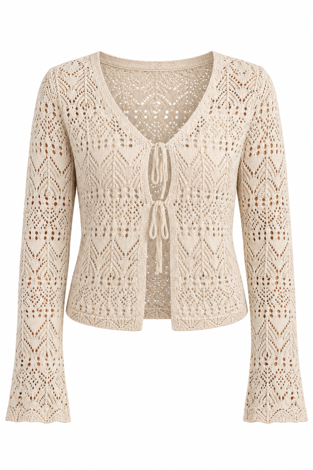 A beige open-knit cardigan sweater with long sleeves, a V-neckline, and a front tie detail, shown against a plain white background.