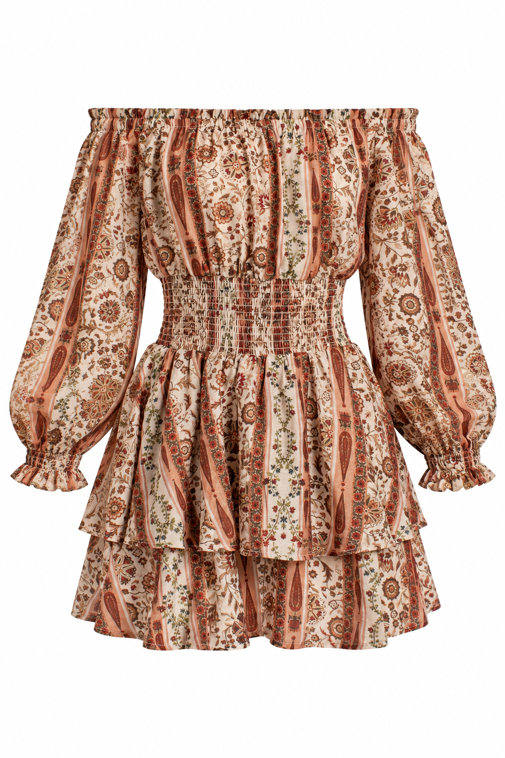 An off-the-shoulder mini dress with a smocked waist and tiered ruffle skirt, featuring a brown, beige, and orange paisley pattern on a white background.