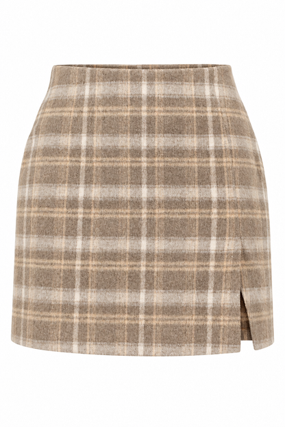 A high-waisted plaid mini skirt in a beige, brown, and white pattern, featuring a side slit at the hem.