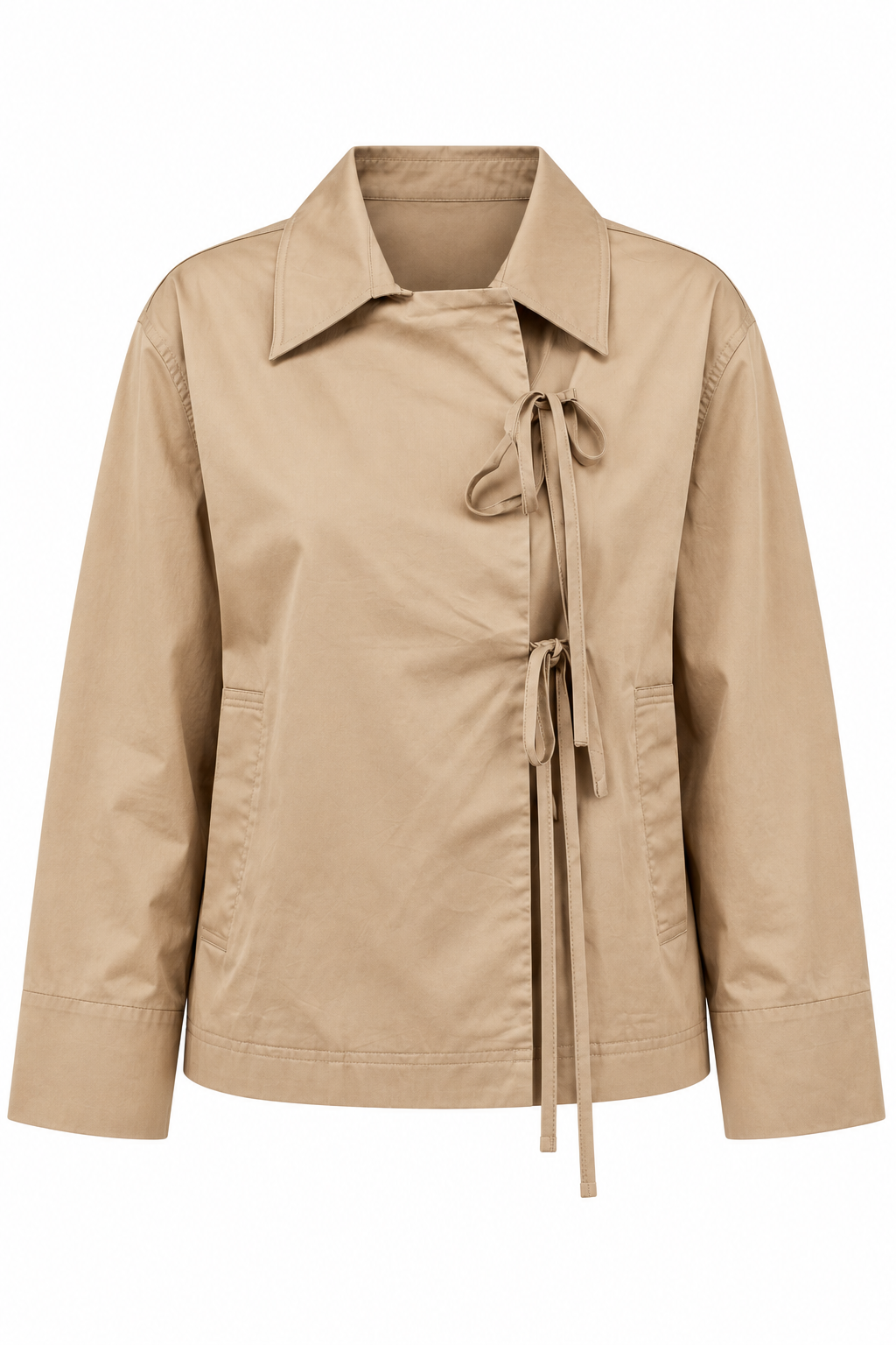 Around The City Khaki Collared Tie-Front Jacket