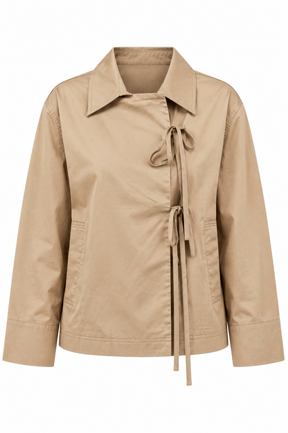 Around The City Khaki Collared Tie-Front Jacket