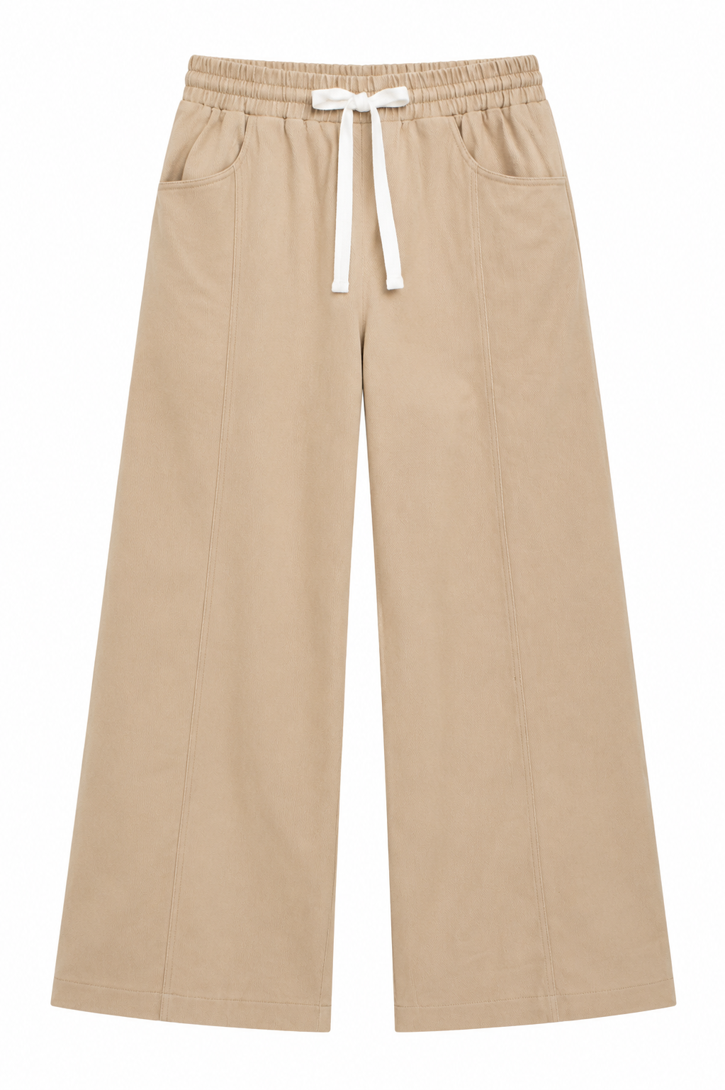 A pair of beige wide-leg cropped pants with an elastic waistband and a white drawstring bow, shown against a plain white background.