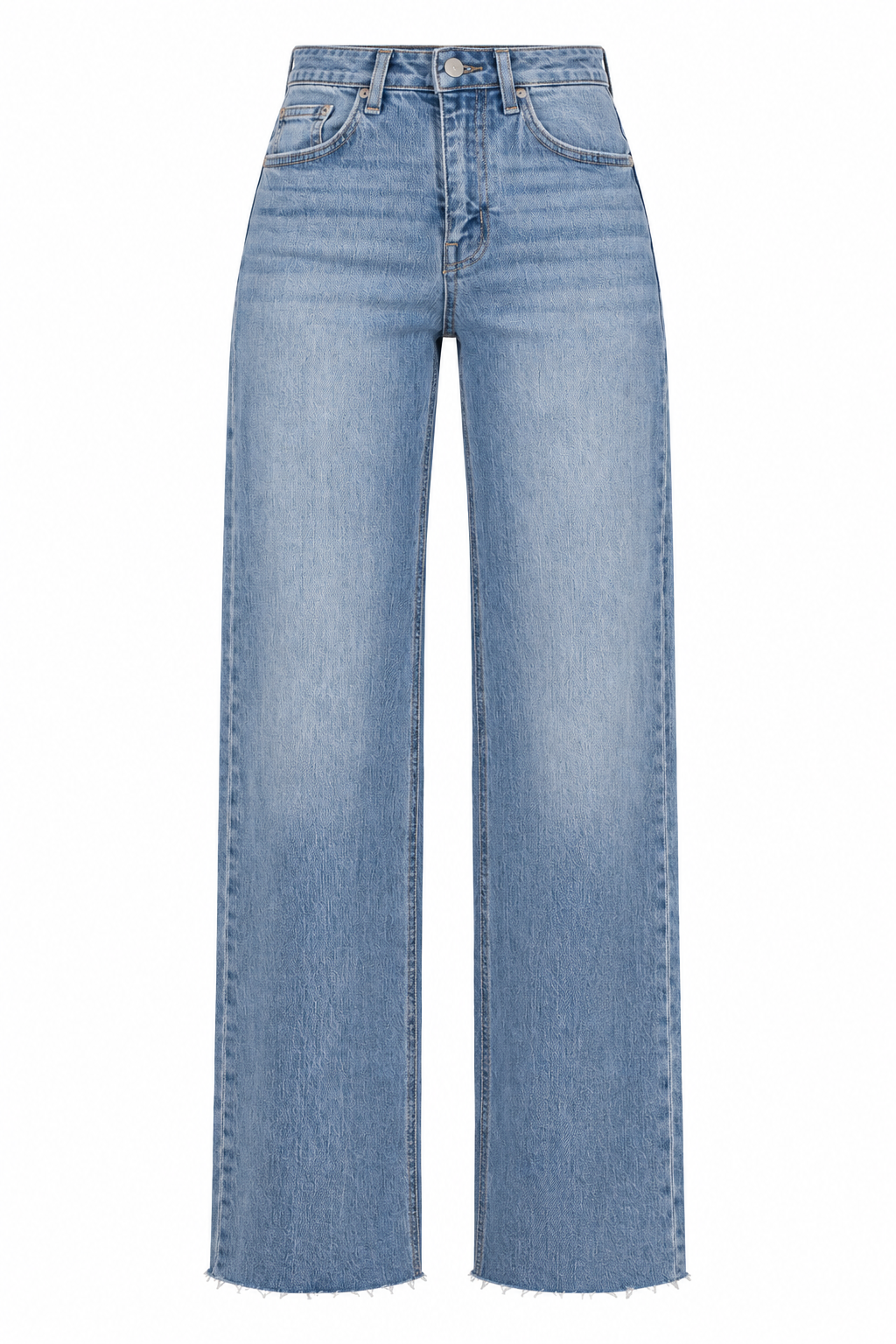 Light blue wide-leg denim jeans with a faded wash and raw frayed hems, shown against a plain white background.