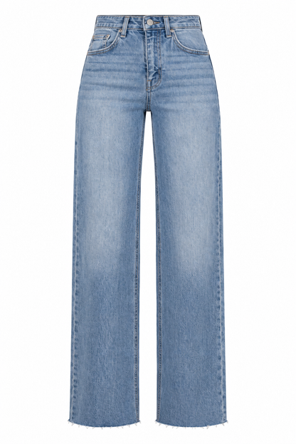 Light blue wide-leg denim jeans with a faded wash and raw frayed hems, shown against a plain white background.