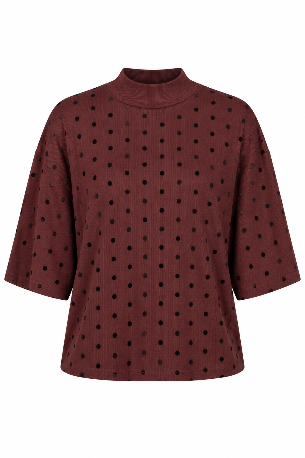 A dark brown mock neck top with black polka dots, featuring elbow-length sleeves, shown against a plain white background.
