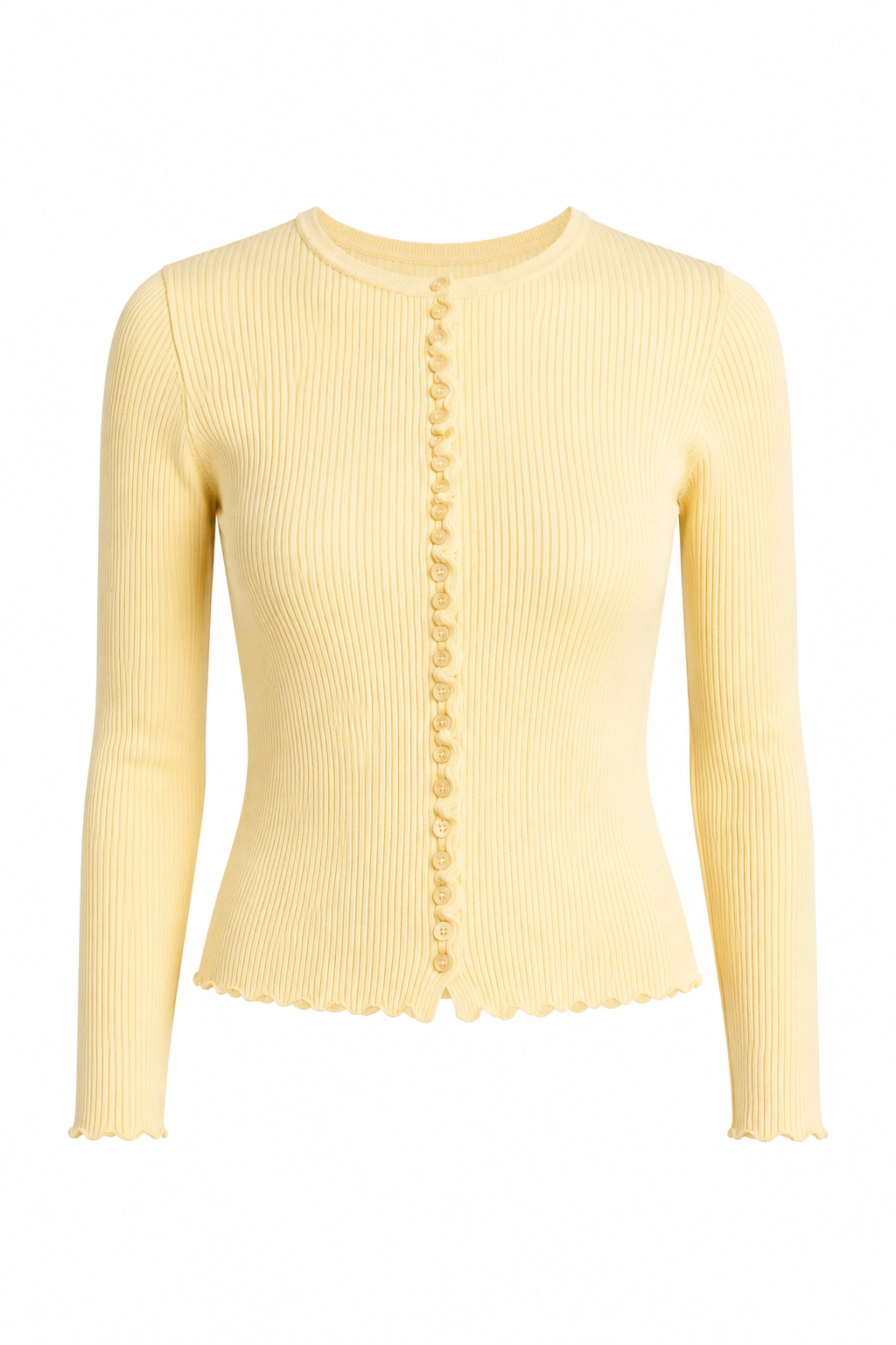 A pale yellow ribbed knit long-sleeve top with a scalloped hem and a decorative vertical line of small heart-shaped embellishments down the center front, shown on a plain white background.