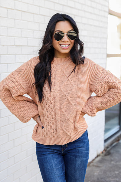 taupe Cable Knit Sweater front view