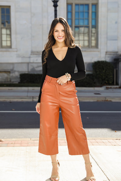 brown Leather Pants on model