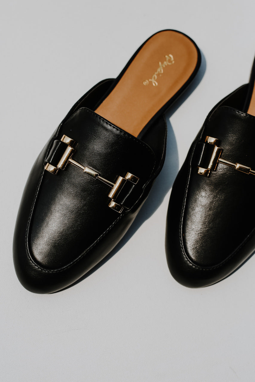 chic black faux leather loafer slides flats with gold buckle detail