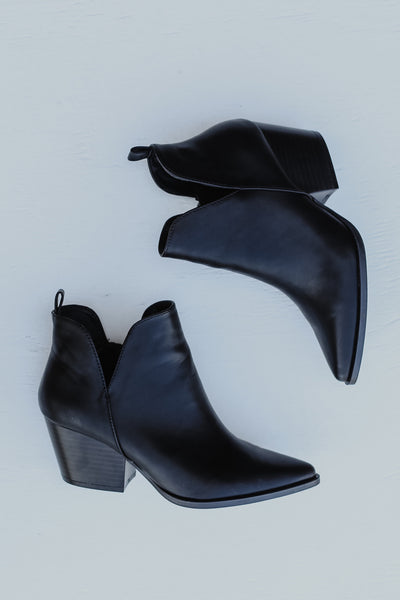 black faux leather pointed toe heeled ankle booties