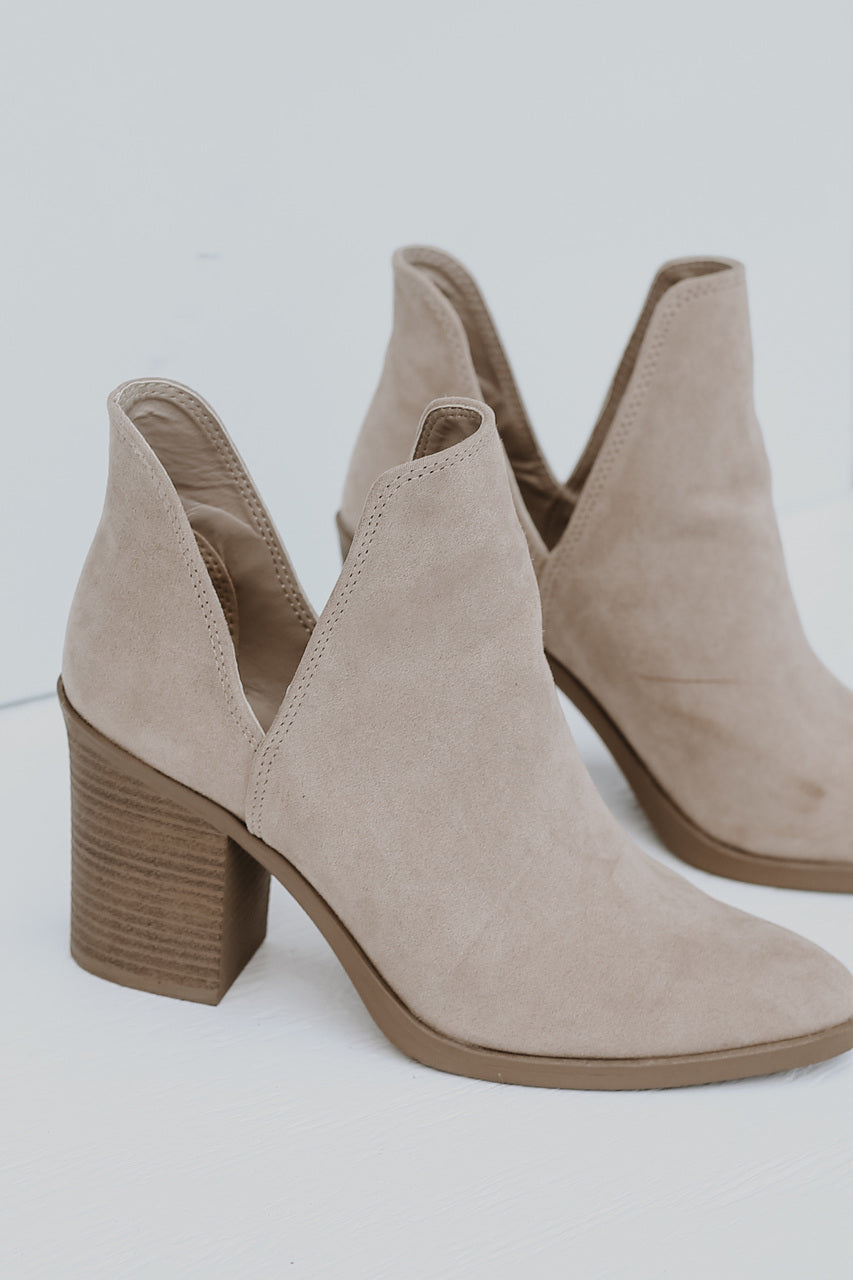 Dress Up taupe faux suede pointed toe heeled ankle booties