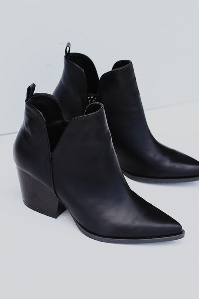 black faux leather pointed toe heeled ankle booties
