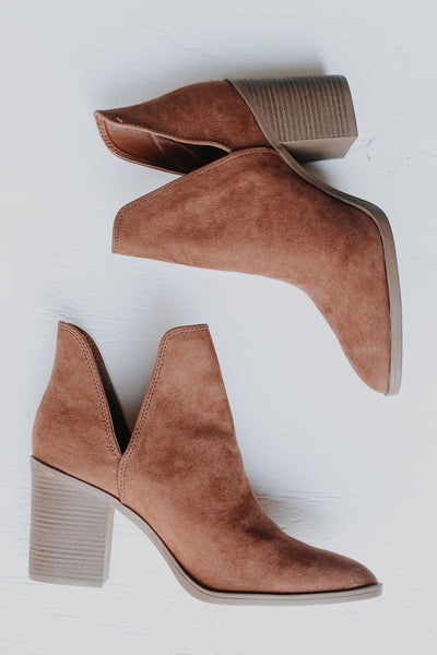 Dress Up camel cognac faux suede pointed toe heeled ankle booties