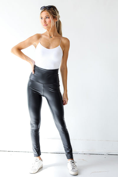 model wearing Faux Leather Leggings Plus