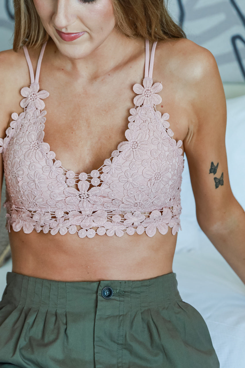 Floral Crochet Bralette in blush on model