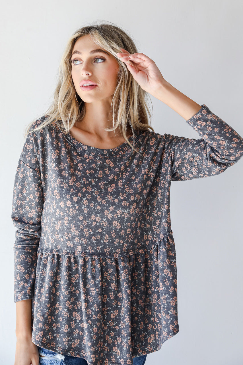 Floral Babydoll Top in charcoal
