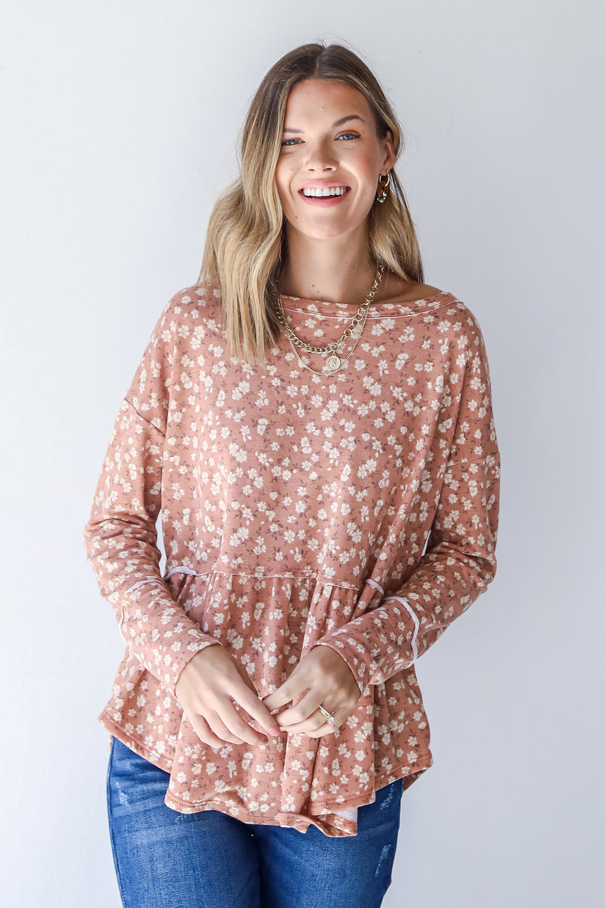 Floral Babydoll Top in camel front view