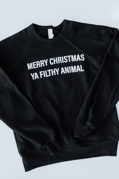 Youth Merry Christmas Ya Filthy Animal Pullover flat lay