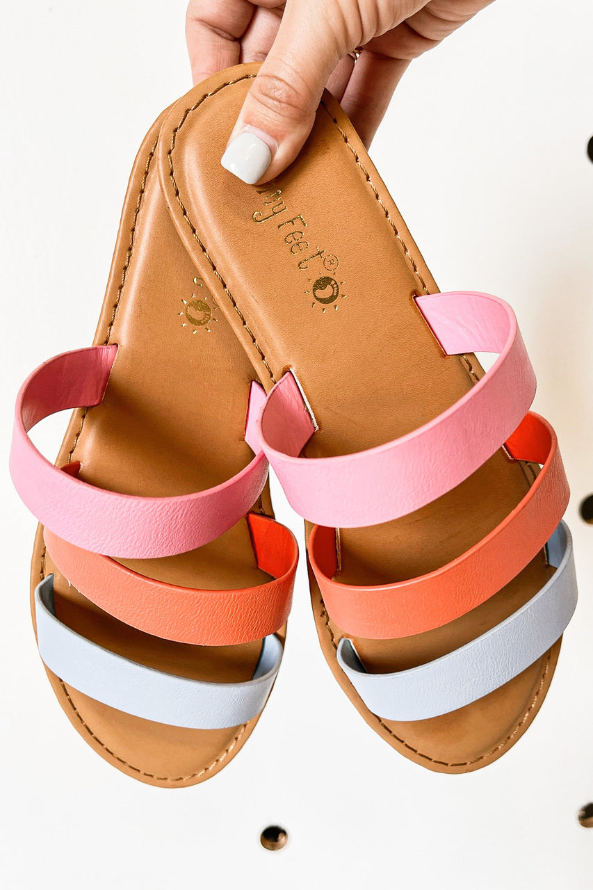 Strappy Slide Sandals in blue close up