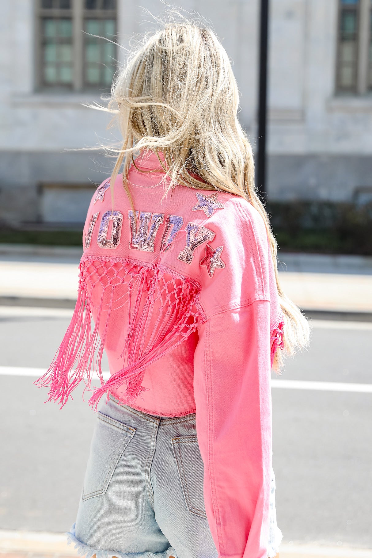 Pink Distressed Denim Cropped Jacket with Fringe
