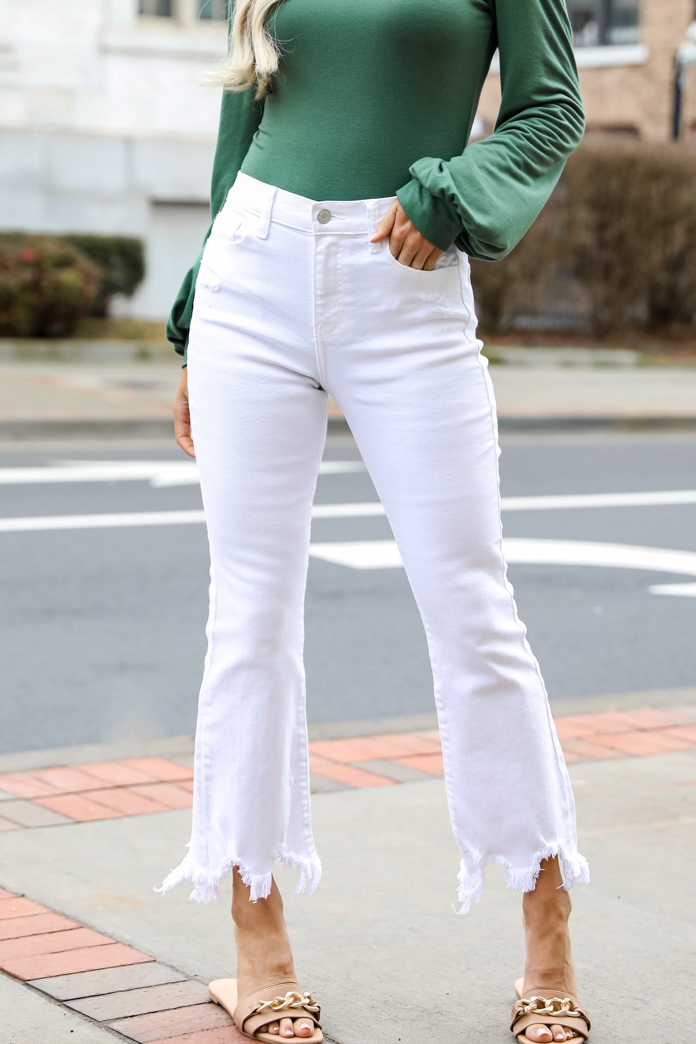 High Society White Distressed Cropped Flare Jeans