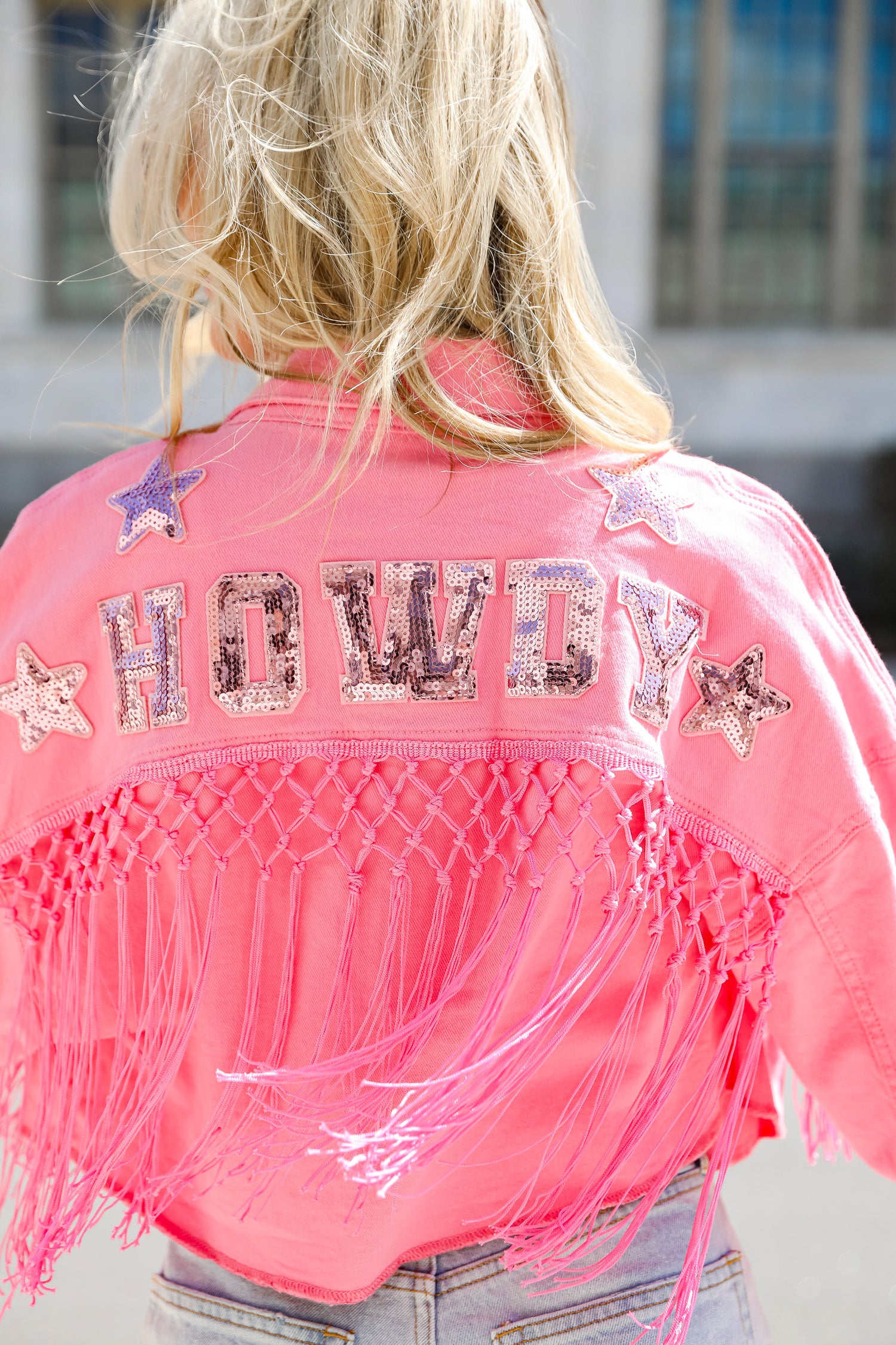 FINAL SALE - Howdy Sequin Fringe Cropped Denim Jacket