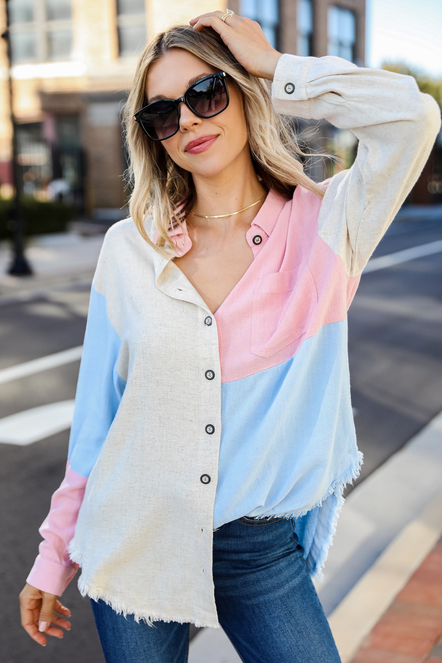 FINAL SALE - Dynamic Duo Color Block Button-Up Blouse