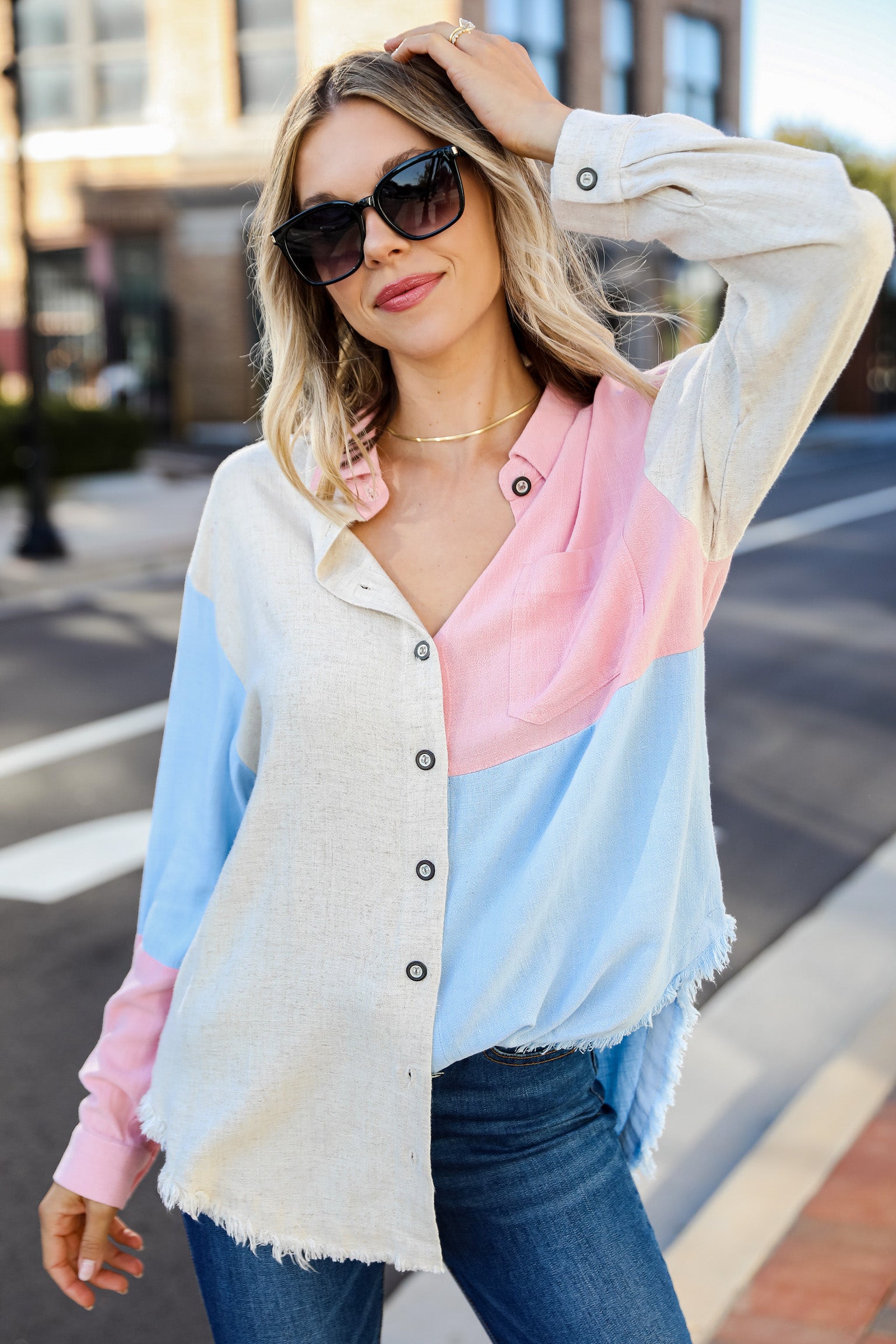 FINAL SALE - Dynamic Duo Color Block Button-Up Blouse
